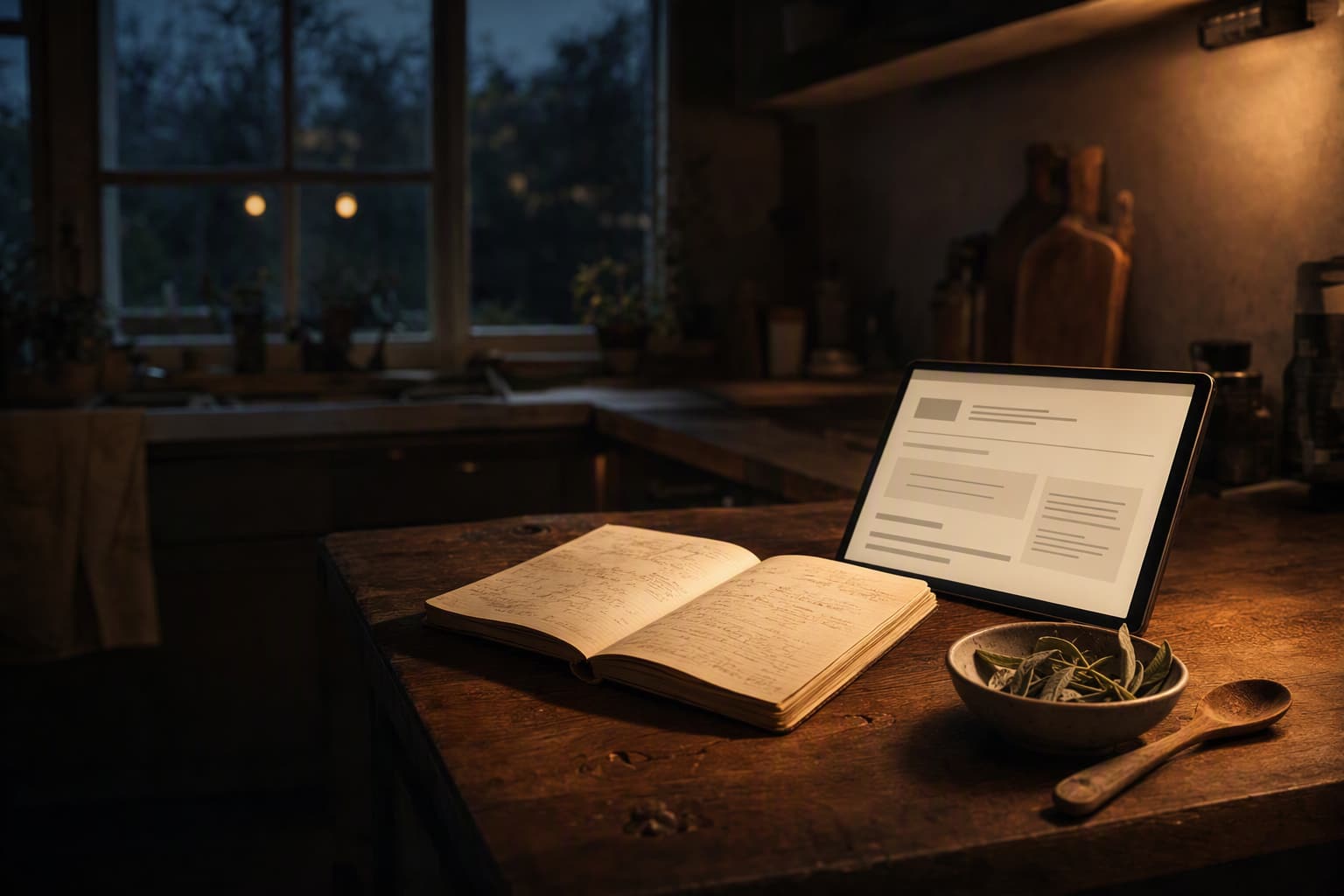A recipe notebook and tablet on a wooden kitchen counter in warm evening light